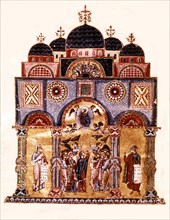 Miniature. Homily of Master Jacques. Ascension. The Church and the Apostles