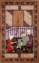 Persian miniature. Boukhara school. Tea ceremony in a garden