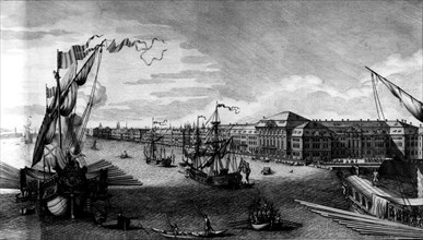 Saint-Pétersbourg, Vue des rives de la Neva en remontant la rivière entre l'Amirauté et les bâtiments de l'académie des sciences