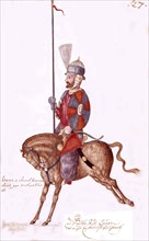 Turkish soldier holding a pike in front of a lord