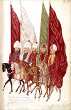 Turcs portant des étendards devant un grand seigneur