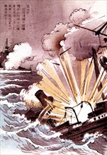 K.Suzuki. Bataille de la mer jaune. Coulage du bateau chinois Yang We, en septembre 1894