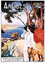 Affiche publicitaire pour le P. L. M. Antibes, Côte d'Azur.