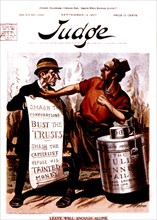 Satirical cartoon in 'Judge' about a journalist named Muckraker and his campaign against trusts and capitalists