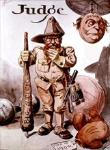 Caricature in "Judge" à propos du retour d'Afrique de Théodore Roosevelt et de sa politique (1910)
