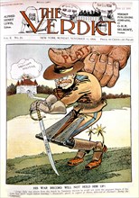 Satirical cartoon in 'The Verdict' against Theodore Roosevelt and amendment Platt