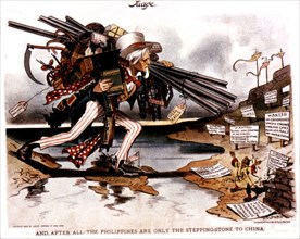 Satirical cartoon in 'Judge': 'The Philippines, 1st stopover point towards China' (1900)