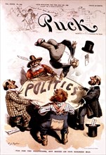 Satirical cartoon in 'Puck', politicians are having fun but business men are having a hard time (1896)