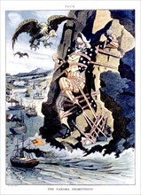 Caricature in "Puck" : L'Oncle Sam, enchaîné, regarde passer les bateaux dans le canal de Panama (1912-1913)