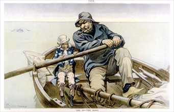 Caricature in "Puck" : le banquier John Pierpont Morgan (1867-1943) aidant l'Oncle Sam