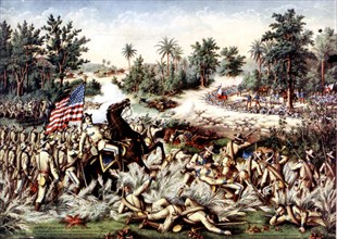 Gravure de Kurz Allison. Guerre hispano-américaine. Bataille de Quinga aux Philippines (avril 1899)