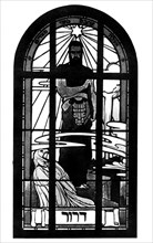 Leaded glass window representing Moses with Herzl face