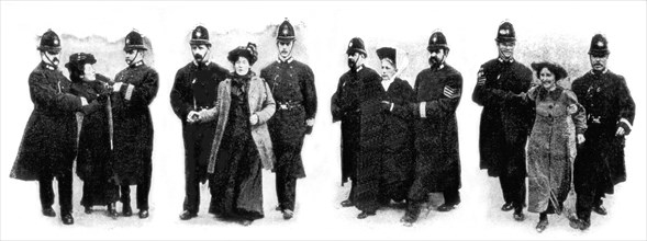 Manifestation de suffragettes à Londres. Instantanés d'arrestations de féministes (1907)