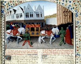 Miniature by Jean Fouquet. Chronicles of Saint-Denis. Charles IV and his son welcomed by the dukes of Berry and Burgundy