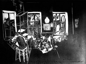 Gravure de Raoul Dufy (1877-1953) : bureau du service technique du centre d'approvisionnement de matériel automobile à la cartoucherie de Vincennes (1914-1918)
