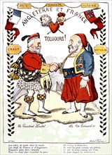 Allegory about the Entente Cordiale between France and England. President Loubet and Charles VII