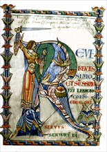 Historiated initial (C.R.) in "Moralia in Job" by Gregory the Great. St George fighting the dragon