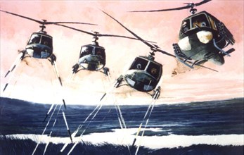 Painting by Robert Riggs. "Helicopters"