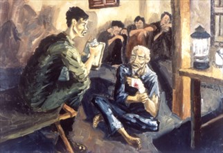 Painting by Augustine Acuna. "Questioning at Ben Luc"
