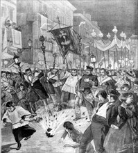 Attentat anarchiste. Explosion d'une bombe sur le passage de la procession de la Fête-Dieu - Espagne - 1896