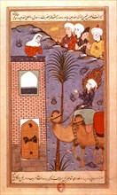 Miniature persanne. Mohammed (ou Mahomet), sur son chameau, faisant ses adieux à sa fiancée