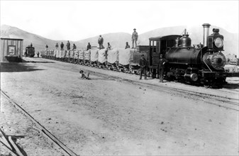 Chemin de fer venant des mines et traversant le désert chilien jusqu'à la mer