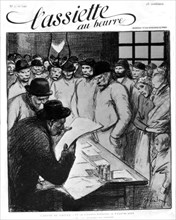 Dessin de Steinlen in "l'Assiette au beurre". /Caricature sur la caisse des grèves