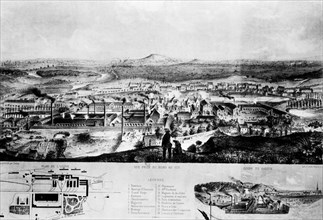 Lithograph by Chalas. Le Creusot. General view. Factory plan and section of the basin