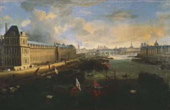La Grande Galerie du Louvre, la Cité, le Pont Neuf et le Collège des Quatre Nations vers 1670. Sur la Seine, la galère royale.