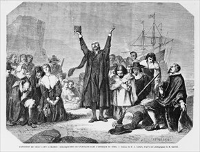 The disembarkment of the Puritan settlers in North America