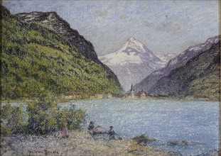 Prins, Lake and village at the foot of a snowy mountain