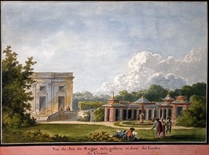 Petit Trianon à Versailles : vue du jeu de bague, de la galerie et d'une des façades du château