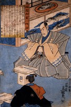 Kunisada, A dignitary of the Court in front of his ritual sword