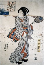 Kunisada, Femme tenant un éventail rigide