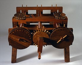 Model of a wool spinning machine designed by Leonardo Da Vinci