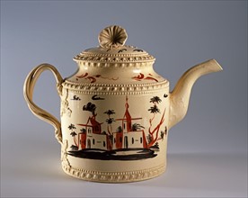 Teapot with red and black landscape design