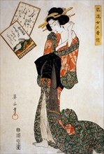 Eizan, Young woman adjusting a pin in her hair