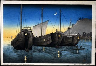 Shotei, Junk ships anchored in Inatori bay dans in the Izu peninsula