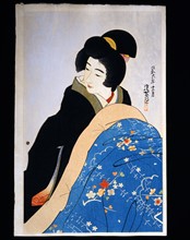 Shinsui, Young woman warming up under a kotatsu
