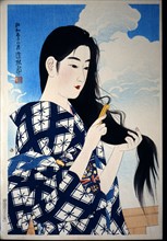 Shinsui, Young woman brushing hair
