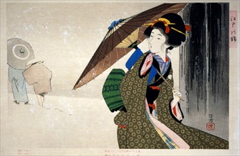 Terukata, Young woman with a parasol in the snow