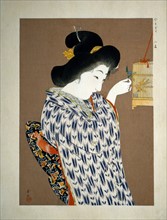 Shoun, Young woman looking at a bird in a cage