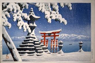 Hasui, The torii of the Itsukushima shrine in the snow