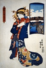Kunishada, Courtesan standing up wearing a coloured kimono