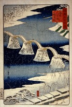 Hiroshige II, Kintai bridge in Iwakuni, Suo province, in the snow