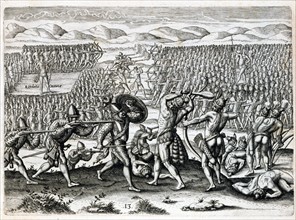 Le roi Outina affronte son ennemi Saturiwa avec l'aide des troupes françaises