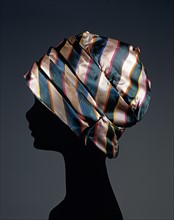 Silk turban with green and red stripes on deep beige