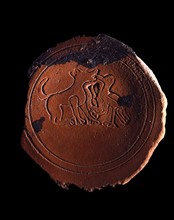 Capuchon amphore décoré d'empreinte d'un chien et d'une oie, provenant des Fables d'Ésope