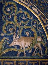 Mausoleum of Galla Placidia in Ravenna: lunette with deer facing each other drinking from the Fountain of Life (detail)