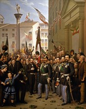 Victor Emmanuel II décore de la médaille d'or le drapeau de la révolution du 10 Juin 1848 à Vicence